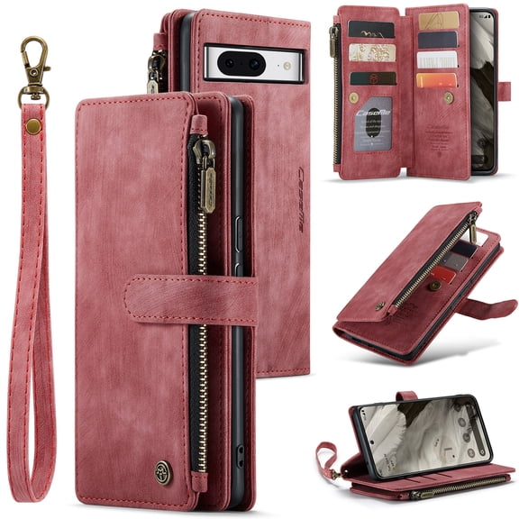 Wallet Case Compatible with Google Pixel 8A, Multifunctional Magnetic Closure Folio Case, [RFID Blocking] Durable PU Leather Flip Lanyard Strap Wristlet Zipper Card Holder Phone Case, Red