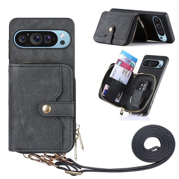 Wallet Case Compatible with Google Pixel 9 / 9 Pro, Classic PU Leather Zipper Pocket Car Key / Cash / Coin / Card Slots Shoulder Strap Kickstand Back Case for Google Pixel 9 / 9 Pro, Black
