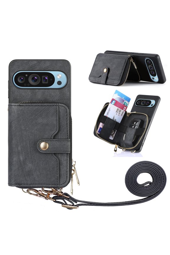 Wallet Case Compatible with Google Pixel 9 / 9 Pro, Classic PU Leather Zipper Pocket Car Key / Cash / Coin / Card Slots Shoulder Strap Kickstand Back Case for Google Pixel 9 / 9 Pro, Black