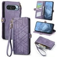 thumbnail image 1 of Wallet Case Compatible with Google Pixel 9 / 9 Pro, Detachable Wrist Strap PU Leather Card Slots Zipper Pocket Classic Kickstand Embossed Flip Case Cover for Google Pixel 9 / 9 Pro, Purple, 1 of 7