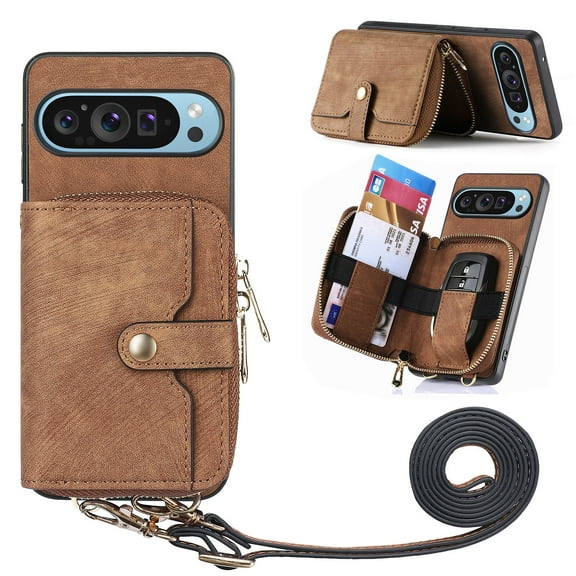 Wallet Case Compatible with Google Pixel 9 / 9 Pro, Classic PU Leather Zipper Pocket Car Key / Cash / Coin / Card Slots Shoulder Strap Kickstand Back Case for Google Pixel 9 / 9 Pro, Brown