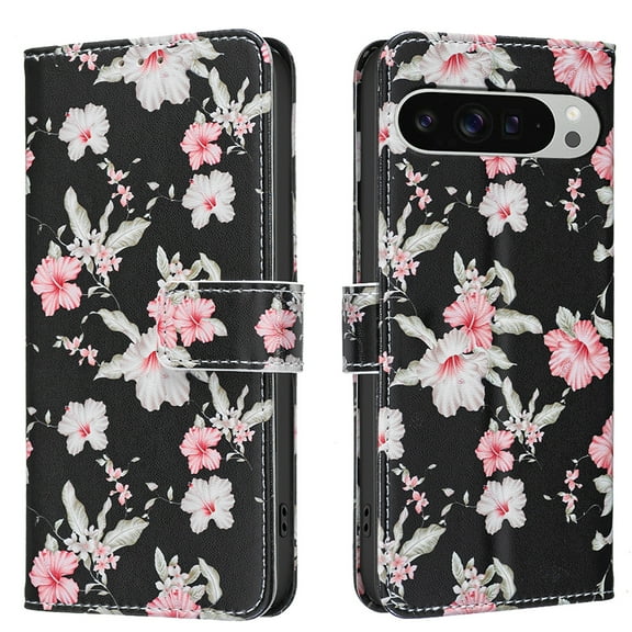 Wallet Case Compatible with Google Pixel 9 Pro XL with Card Holder, Convertible Stand Flowers Case Magnetic for Women and Girls, Butterfly Floral Protective PU Leather Flip Case, Black1