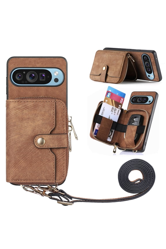 Wallet Case Compatible with Google Pixel 9 Pro XL, Classic PU Leather Zipper Pocket Car Key / Cash / Coin / Card Slots Shoulder Strap Kickstand Back Case for Google Pixel 9 Pro XL, Brown