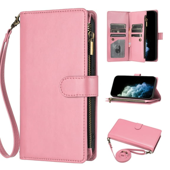 Wallet Case Compatible with Google Pixel 9 Pro XL, Premium PU Leather Zipper Flip Wallet with Lanyard and Shoulder Strap Magnetic Closure Built-in Kickstand Protective Zipper Case - Pink