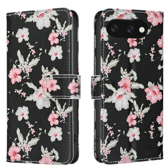 Wallet Case Compatible with Google Pixel 9a with Card Holder, Convertible Stand Flowers Case Magnetic for Women and Girls, Butterfly Floral Protective PU Leather Flip Case, Black1