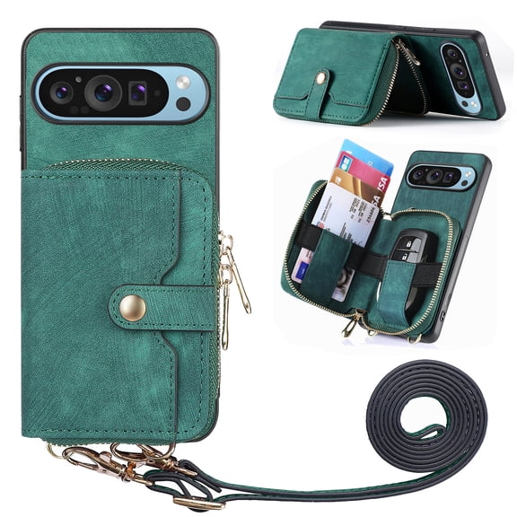 Wallet Case Compatible with Google Pixel 9a, Classic PU Leather Zipper Pocket Car Key / Cash / Coin / Card Slots Shoulder Strap Kickstand Back Case for Google Pixel 9a, Green
