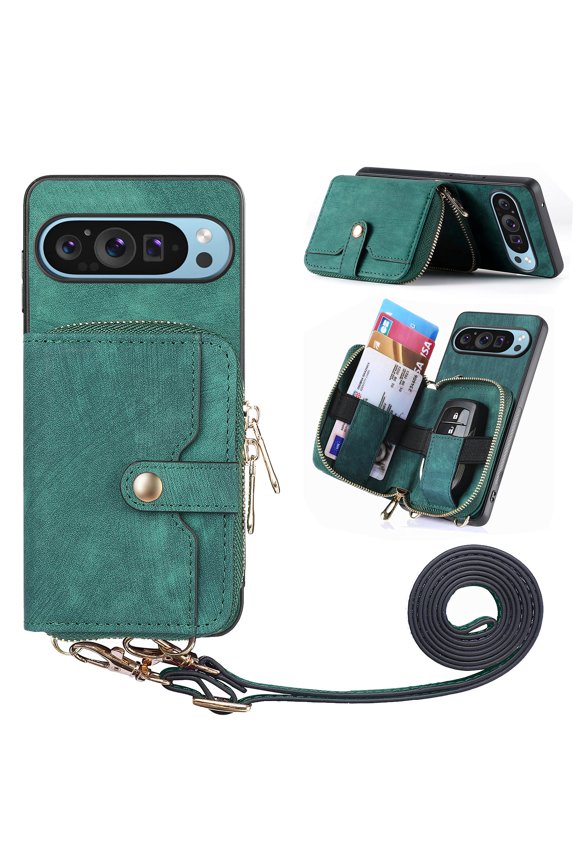 Wallet Case Compatible with Google Pixel 9a, Classic PU Leather Zipper Pocket Car Key / Cash / Coin / Card Slots Shoulder Strap Kickstand Back Case for Google Pixel 9a, Green