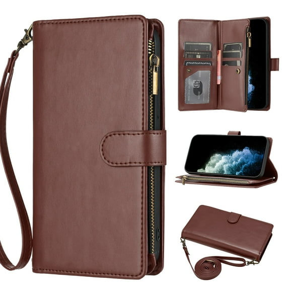 Wallet Case Compatible with Google Pixel 9a, Premium PU Leather Zipper Flip Wallet with Lanyard and Shoulder Strap Magnetic Closure Built-in Kickstand Protective Zipper Case - Brown