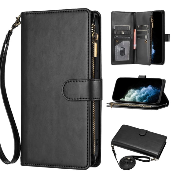 Wallet Case Compatible with Google Pixel 9a, Premium PU Leather Zipper Flip Wallet with Lanyard and Shoulder Strap Magnetic Closure Built-in Kickstand Protective Zipper Case - Black