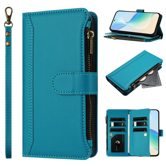 Wallet Case Compatible with Motorola Edge 2025, Multi-Function 2 in 1 Magnetic for Edge 2025 Case Wallet, Flip Zipper Card Holder Phone Case with Shoulder Strap + Wrist Strap, Blue
