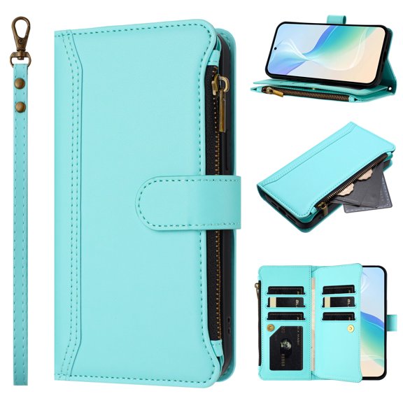 Wallet Case Compatible with Motorola Edge 2025, Multi-Function 2 in 1 Magnetic for Edge 2025 Case Wallet, Flip Zipper Card Holder Phone Case with Shoulder Strap + Wrist Strap, Mint