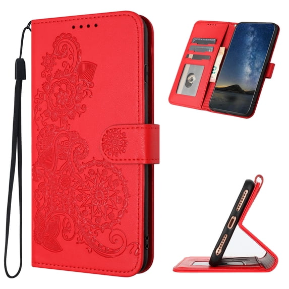 Wallet Case Compatible with Motorola Moto G Power 2023 with Card Holder, PU Leather Kickstand Women Men Embossed Wrist Strap Magnetic Clasp Design Flip Folio Case Cover, Red