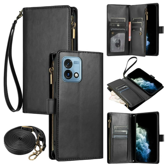 Wallet Case Compatible with Motorola Moto G Stylus 5G 2023, Luxury ID Cash Credit Card Slots Zipper Holder Carrying Pouch Flip PU Leather Cover [Detachable Crossbody Strap & Wrist Strap], Black
