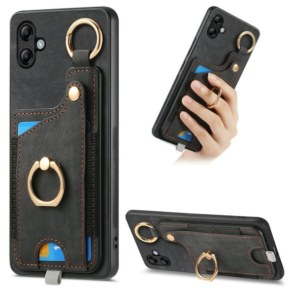 Wallet Case Compatible with Samsung Galaxy A04e with Card Holder, 360° Rotation Finger Ring Stand PU Leather Cover Drop Protection with Magnetic Snap Case Cover for Galaxy A04e - Black