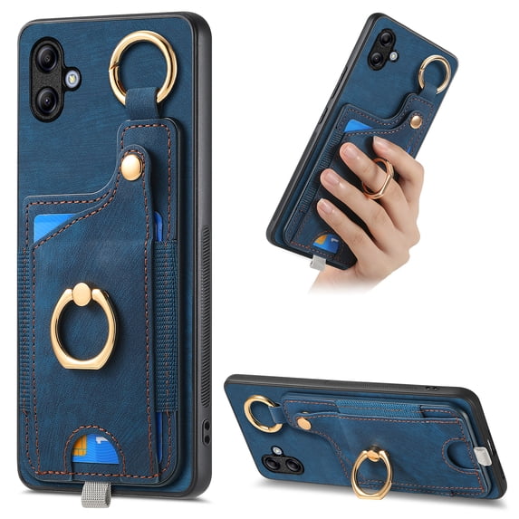 Wallet Case Compatible with Samsung Galaxy A04e with Card Holder, 360° Rotation Finger Ring Stand PU Leather Cover Drop Protection with Magnetic Snap Case Cover for Galaxy A04e - Blue