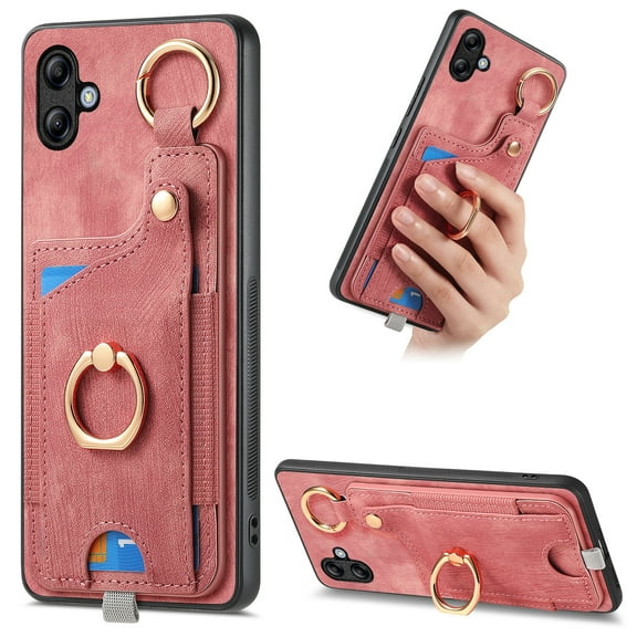 Wallet Case Compatible with Samsung Galaxy A04e with Card Holder, 360° Rotation Finger Ring Stand PU Leather Cover Drop Protection with Magnetic Snap Case Cover for Galaxy A04e - Pink