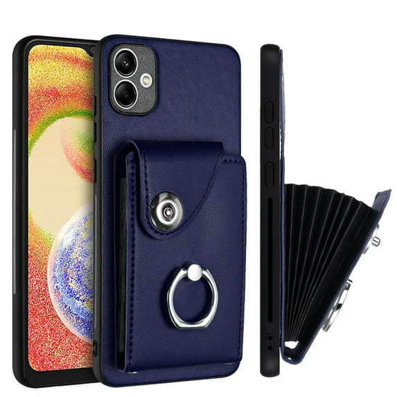Wallet Case Compatible for Samsung Galaxy A05 with Card Holder, Rotation Finger Ring Kickstand Card Slots Case, Classic PU Leather Shockproof Magnetic Button Cover for Galaxy A05, Blue