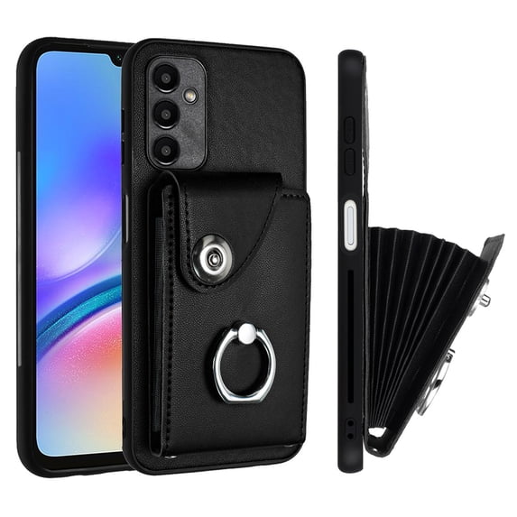 Wallet Case Compatible for Samsung Galaxy A05S with Card Holder, Rotation Finger Ring Kickstand Card Slots Case, Classic PU Leather Shockproof Magnetic Button Cover for Galaxy A05S, Black