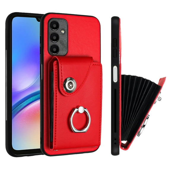 Wallet Case Compatible for Samsung Galaxy A05S with Card Holder, Rotation Finger Ring Kickstand Card Slots Case, Classic PU Leather Shockproof Magnetic Button Cover for Galaxy A05S, Red
