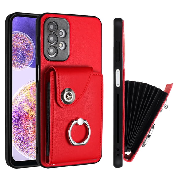 Wallet Case Compatible for Samsung Galaxy A13 4G with Card Holder, Rotation Finger Ring Kickstand Card Slots Case, Classic PU Leather Shockproof Magnetic Button Cover for Galaxy A13 4G, Red