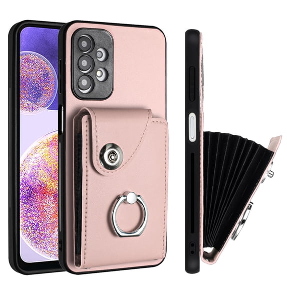 Wallet Case Compatible for Samsung Galaxy A13 4G with Card Holder, Rotation Finger Ring Kickstand Card Slots Case, Classic PU Leather Shockproof Magnetic Button Cover for Galaxy A13 4G, Pink