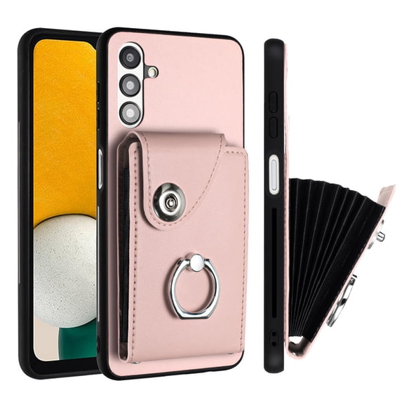 Wallet Case Compatible for Samsung Galaxy A13 5G with Card Holder, Rotation Finger Ring Kickstand Card Slots Case, Classic PU Leather Shockproof Magnetic Button Cover for Galaxy A13 5G, Pink