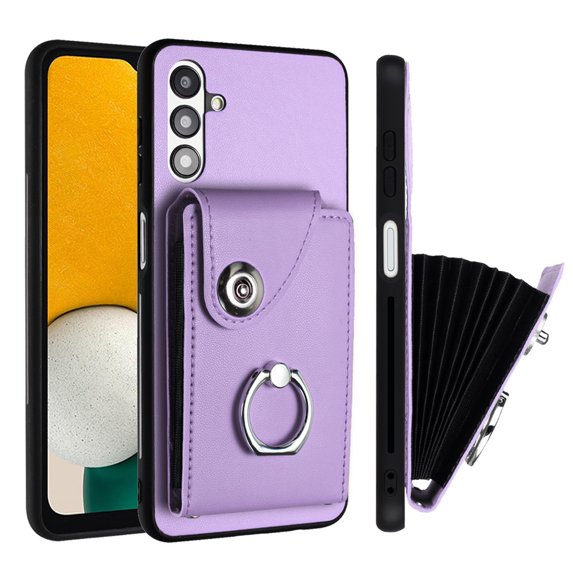 Wallet Case Compatible for Samsung Galaxy A13 5G with Card Holder, Rotation Finger Ring Kickstand Card Slots Case, Classic PU Leather Shockproof Magnetic Button Cover for Galaxy A13 5G, Purple