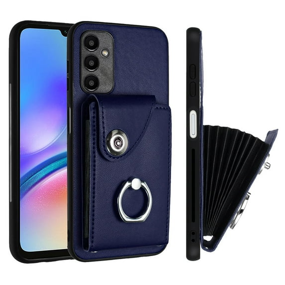 Wallet Case Compatible for Samsung Galaxy A15 with Card Holder, Rotation Finger Ring Kickstand Card Slots Case, Classic PU Leather Shockproof Magnetic Button Cover for Galaxy A15, Blue