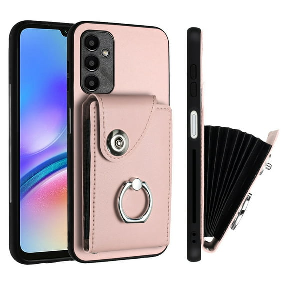 Wallet Case Compatible for Samsung Galaxy A15 with Card Holder, Rotation Finger Ring Kickstand Card Slots Case, Classic PU Leather Shockproof Magnetic Button Cover for Galaxy A15, Pink