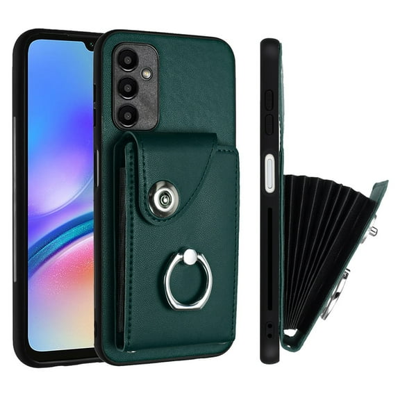 Wallet Case Compatible for Samsung Galaxy A15 with Card Holder, Rotation Finger Ring Kickstand Card Slots Case, Classic PU Leather Shockproof Magnetic Button Cover for Galaxy A15, Green