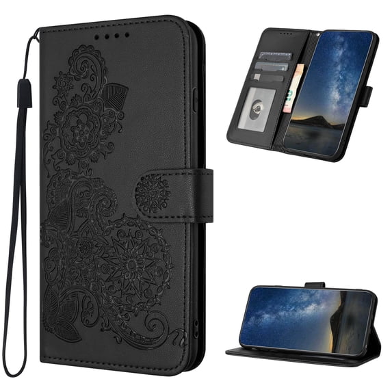 Wallet Case Compatible with Samsung Galaxy A16 4G/5G with Card Holder, PU Leather Kickstand Women Men Embossed Wrist Strap Magnetic Clasp Design Flip Folio Cover for Galaxy A16 4G/5G, Black