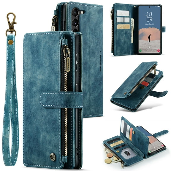 Wallet Case Compatible with Samsung Galaxy A16 5G, Multifunctional Magnetic Closure Folio Case, [RFID Blocking] Durable PU Leather Flip Lanyard Strap Wristlet Zipper Card Holder Phone Case, Blue
