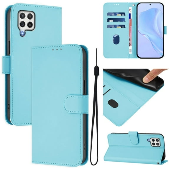 Wallet Case Compatible for Samsung Galaxy A22 4G, PU Leather Magnetic Closure Protective Flip Folio Case with 3 Card Holder and Wrist Strap Cover Women Men,Sky Blue,For Galaxy A22 4G