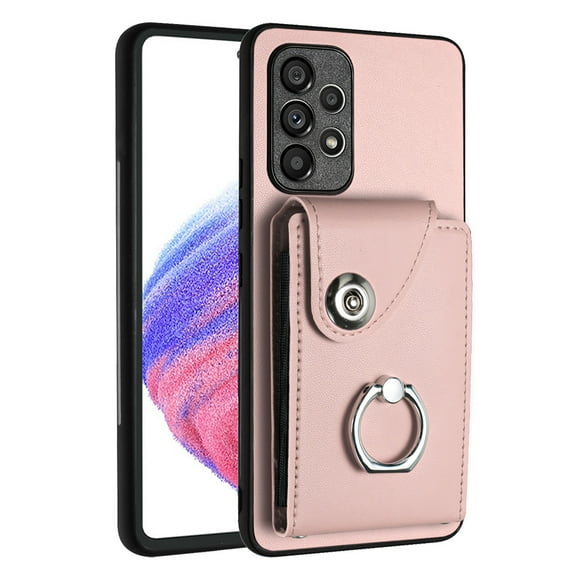 Wallet Case Compatible for Samsung Galaxy A24 4G with Card Holder, Rotation Finger Ring Kickstand Card Slots Case, Classic PU Leather Shockproof Magnetic Button Cover for Galaxy A24 4G, Pink