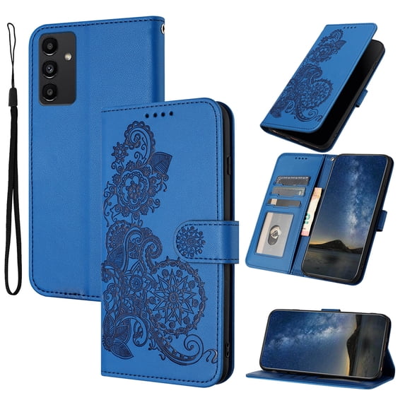 Wallet Case Compatible with Samsung Galaxy A35 with Card Holder, PU Leather Kickstand Women Men Embossed Wrist Strap Magnetic Clasp Design Flip Folio Case Cover for Galaxy A35, Darkblue