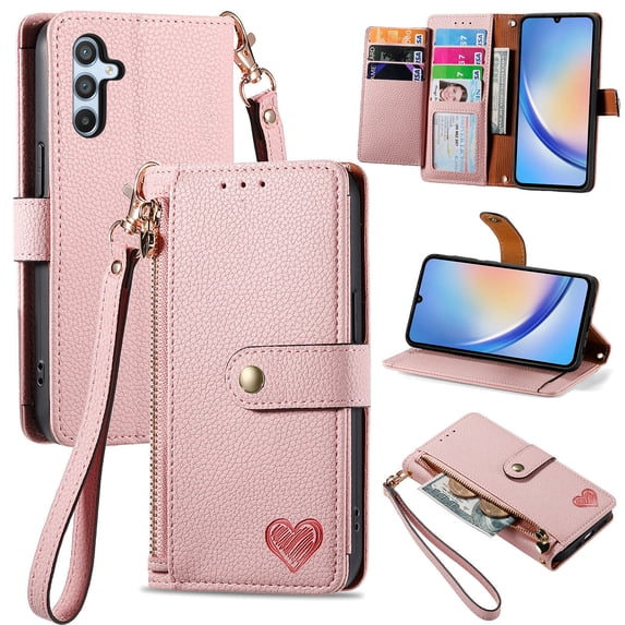 Wallet Case Compatible with Samsung Galaxy A35, Heart Pattern Detachable Wrist Strap PU Leather Card Slots Zipper Pocket RFID Blocking Kickstand Phone Case for Samsung Galaxy A35, Pink