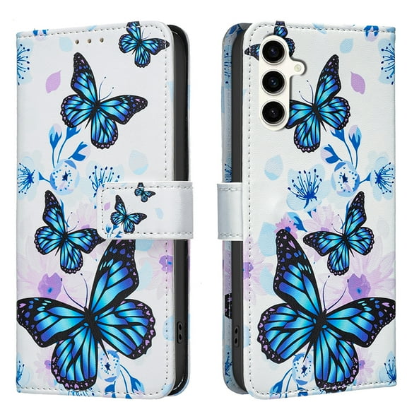 Wallet Case Compatible with Samsung Galaxy A36 5G with Card Holder, Convertible Stand Flowers Case Magnetic for Women and Girls, Butterfly Floral Protective PU Leather Flip Case, Blue Butterflies