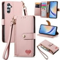 thumbnail image 1 of Wallet Case Compatible with Samsung Galaxy A36 5G, Heart Pattern Detachable Wrist Strap PU Leather Card Slots Zipper Pocket RFID Blocking Kickstand Phone Case for Samsung Galaxy A36 5G, Pink, 1 of 10