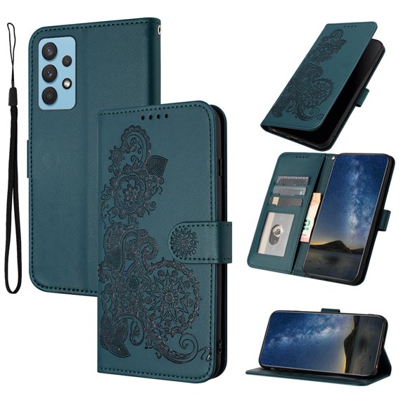 Wallet Case Compatible with Samsung Galaxy A53 5G with Card Holder, PU Leather Kickstand Women Men Embossed Wrist Strap Magnetic Clasp Design Flip Folio Case Cover for Galaxy A53 5G, Darkgreen