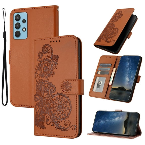 Wallet Case Compatible with Samsung Galaxy A53 5G with Card Holder, PU Leather Kickstand Women Men Embossed Wrist Strap Magnetic Clasp Design Flip Folio Case Cover for Galaxy A53 5G, Brown