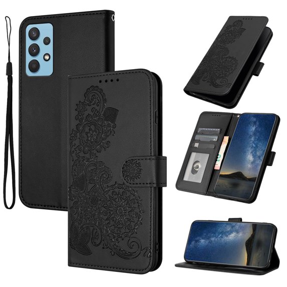 Wallet Case Compatible with Samsung Galaxy A53 5G with Card Holder, PU Leather Kickstand Women Men Embossed Wrist Strap Magnetic Clasp Design Flip Folio Case Cover for Galaxy A53 5G, Black