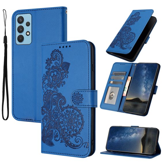 Wallet Case Compatible with Samsung Galaxy A53 5G with Card Holder, PU Leather Kickstand Women Men Embossed Wrist Strap Magnetic Clasp Design Flip Folio Case Cover for Galaxy A53 5G, Darkblue