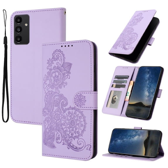Wallet Case Compatible with Samsung Galaxy A54 5G with Card Holder, PU Leather Kickstand Women Men Embossed Wrist Strap Magnetic Clasp Design Flip Folio Case Cover for Galaxy A54 5G, Purple