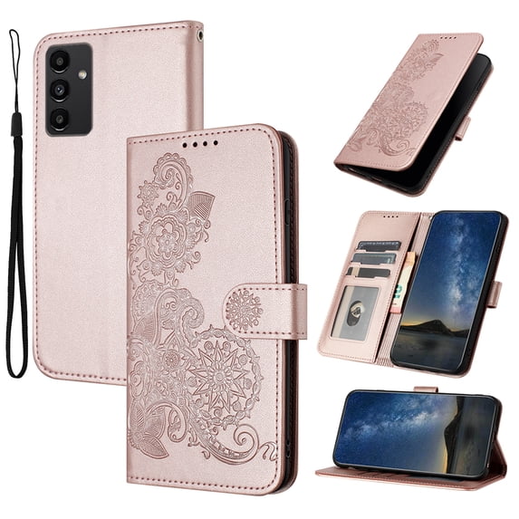 Wallet Case Compatible with Samsung Galaxy A54 5G with Card Holder, PU Leather Kickstand Women Men Embossed Wrist Strap Magnetic Clasp Design Flip Folio Case Cover for Galaxy A54 5G, Rosegold
