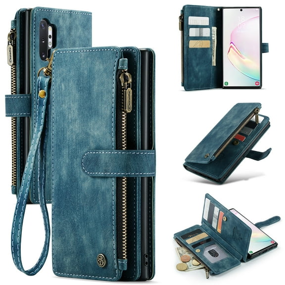 Wallet Case Compatible with Samsung Galaxy Note 10 Plus, Multifunctional Magnetic Closure Folio Case, [RFID Blocking] Durable PU Leather Flip Lanyard Strap Wristlet Zipper Card Holder Case, Blue