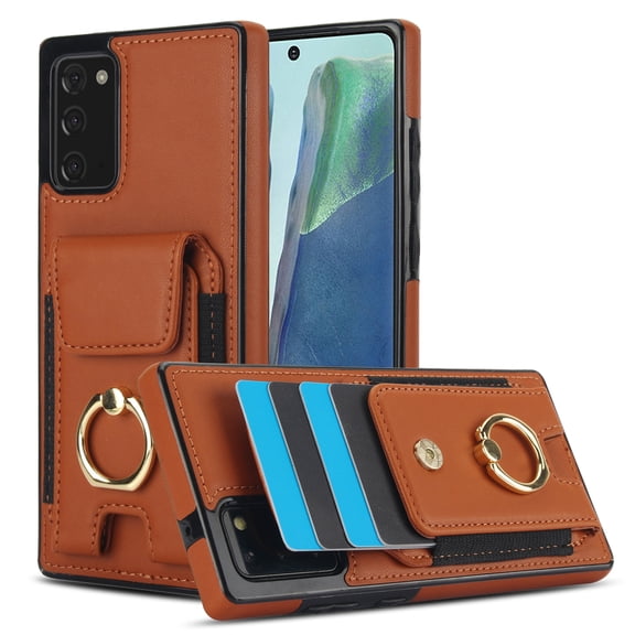 Wallet Case Compatible for Samsung Galaxy Note 20, with 360° Rotation Ring Stand PU Leather Case Cover with Side Stretchy Fabric Card Holder for Women and Men for Samsung Galaxy Note 20, Brown