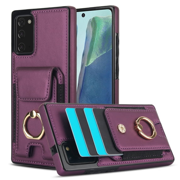 Wallet Case Compatible for Samsung Galaxy Note 20, with 360° Rotation Ring Stand PU Leather Case Cover with Side Stretchy Fabric Card Holder for Women and Men for Samsung Galaxy Note 20, Purple