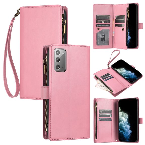 Wallet Case Compatible with Samsung Galaxy Note 20, Luxury ID Cash Credit Card Slots Zipper Holder Carrying Pouch Folio Flip PU Leather Cover [Detachable Crossbody Strap & Wrist Strap], Pink