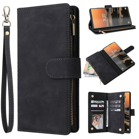 Wallet Case Compatible with Samsung Galaxy Note 20 Ultra, Premium PU Leather Zipper Flip Wallet with Wrist Strap Magnetic Closure Built-in Kickstand Protective Case for Samsung Note 20 Ultra, Black