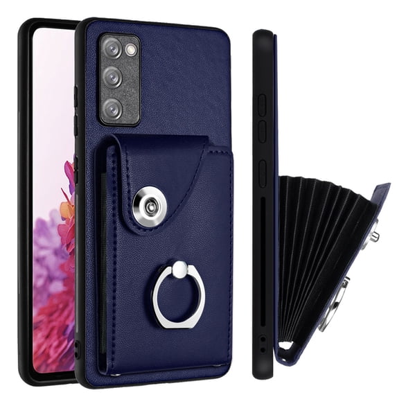 Wallet Case Compatible for Samsung Galaxy S20 FE with Card Holder, Rotation Finger Ring Kickstand Card Slots Case, Classic PU Leather Shockproof Magnetic Button Cover for Galaxy S20 FE, Blue